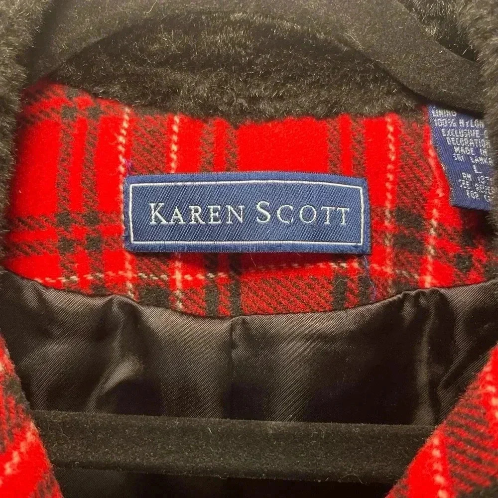 Karen Scott Womens Vest Multicolor Plaid Zip Faux Fur Collar Lined L Wool Blend - Picture 3 of 10